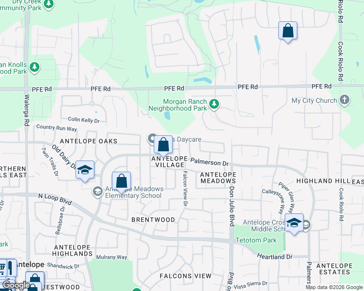 map of restaurants, bars, coffee shops, grocery stores, and more near 8568 Travary Way in Antelope
