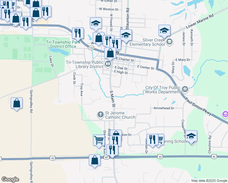 map of restaurants, bars, coffee shops, grocery stores, and more near 302 East Padin Street in Troy