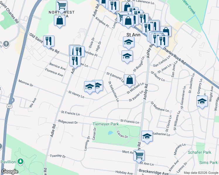 map of restaurants, bars, coffee shops, grocery stores, and more near 3629 Saint Sebastian Lane in Saint Ann