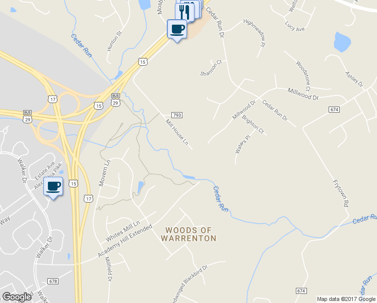 map of restaurants, bars, coffee shops, grocery stores, and more near 7488 Mill House Lane in Warrenton