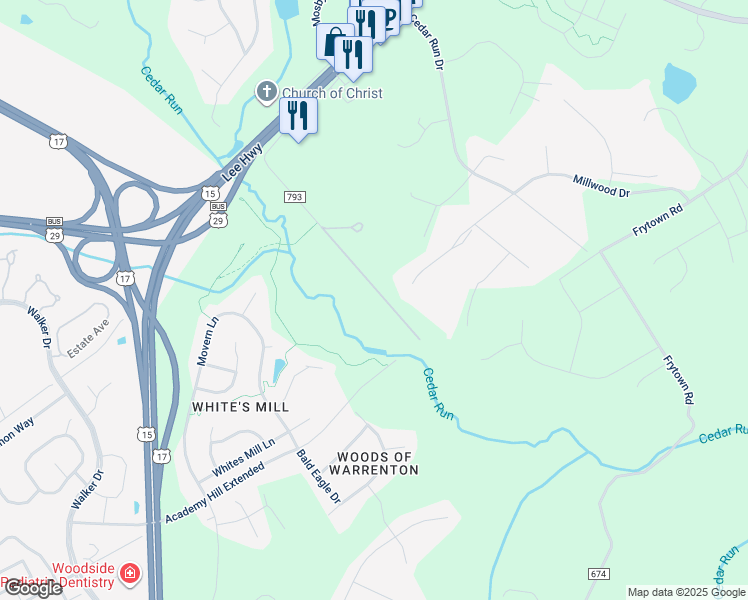 map of restaurants, bars, coffee shops, grocery stores, and more near 7488 Mill House Lane in Warrenton