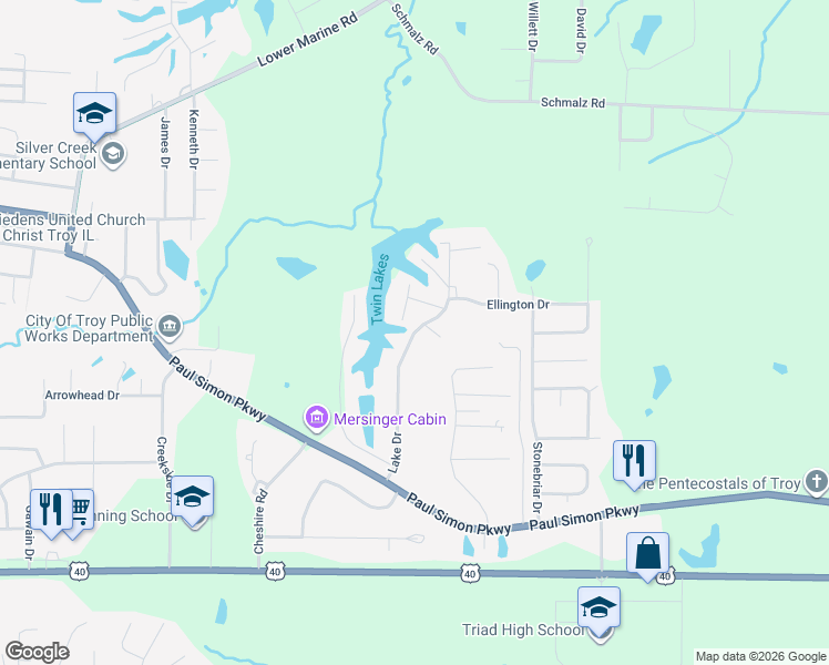 map of restaurants, bars, coffee shops, grocery stores, and more near 82 Lake Drive in Troy