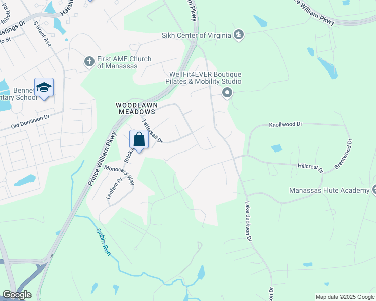 map of restaurants, bars, coffee shops, grocery stores, and more near Berry Orchard Court in Manassas