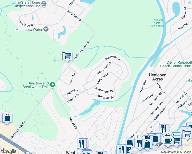 map of restaurants, bars, coffee shops, grocery stores, and more near 19505 Manchester Drive in Rehoboth Beach