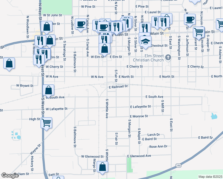 map of restaurants, bars, coffee shops, grocery stores, and more near 101-199 East Railroad Street in Olney