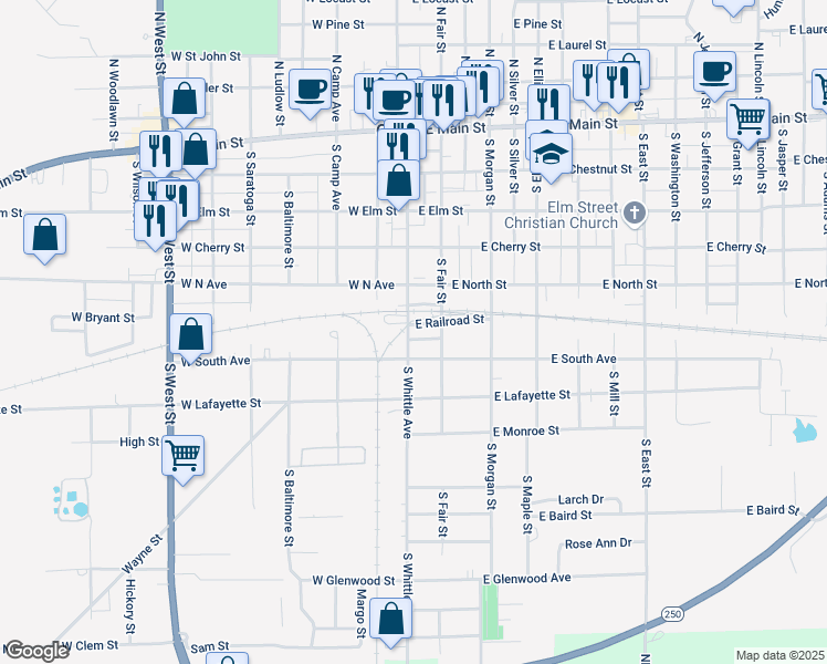 map of restaurants, bars, coffee shops, grocery stores, and more near 101 East Railroad Street in Olney
