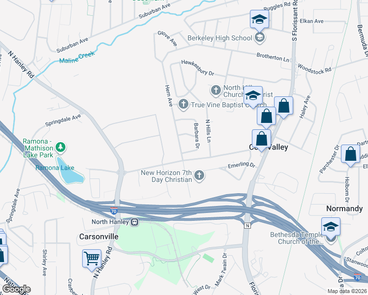 map of restaurants, bars, coffee shops, grocery stores, and more near 4634 Hern Drive in St. Louis
