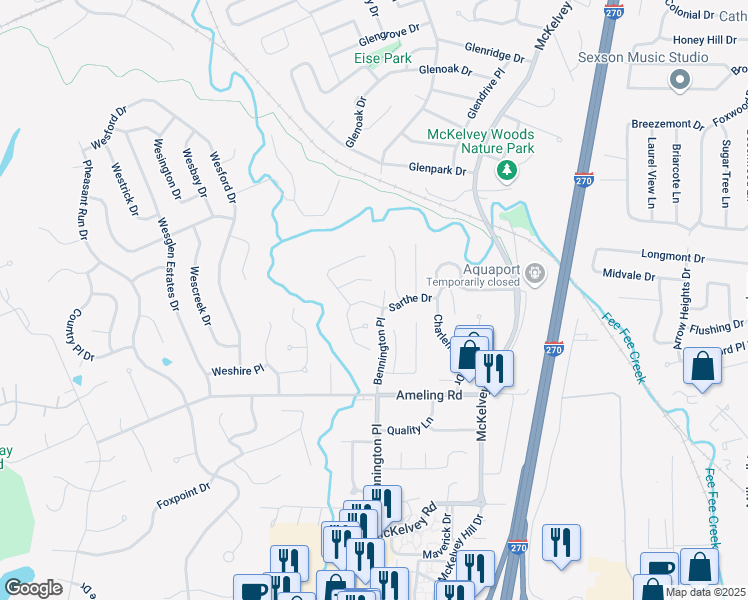 map of restaurants, bars, coffee shops, grocery stores, and more near 11975 Sarthe Drive in Maryland Heights