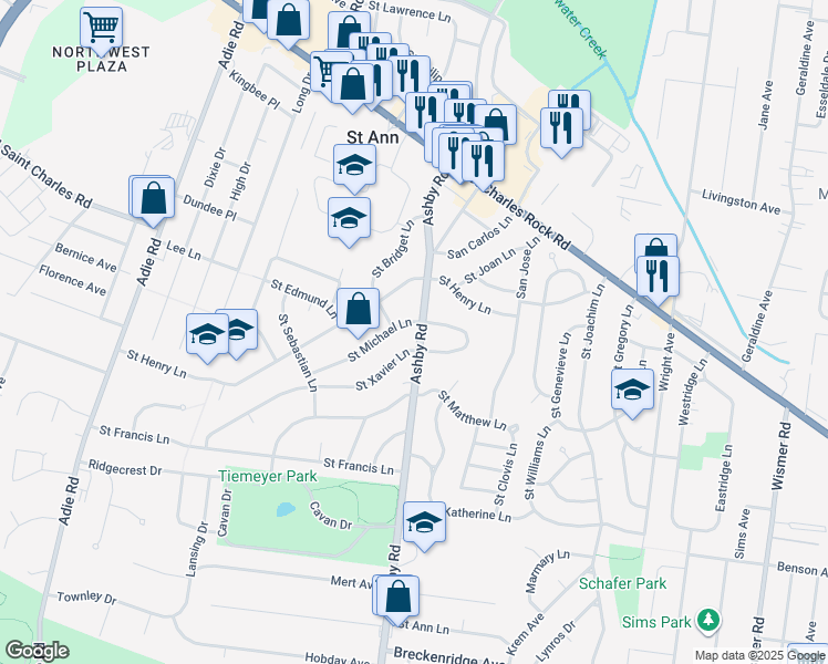 map of restaurants, bars, coffee shops, grocery stores, and more near 10501 Saint Michael Lane in Saint Ann