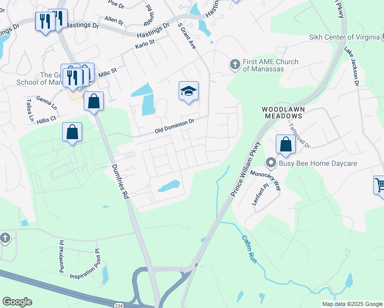map of restaurants, bars, coffee shops, grocery stores, and more near 10572 Waterbury Woods Way in Manassas