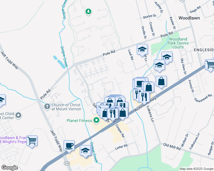 map of restaurants, bars, coffee shops, grocery stores, and more near 8722 Village Square Drive in Alexandria
