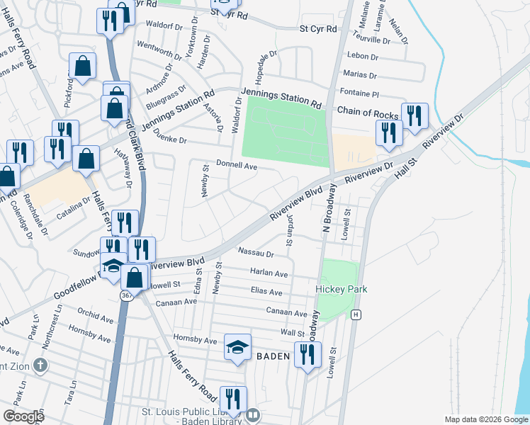 map of restaurants, bars, coffee shops, grocery stores, and more near 9129 Church Road in St. Louis