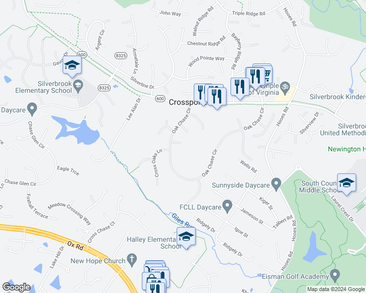 map of restaurants, bars, coffee shops, grocery stores, and more near 8521 Oak Chase Circle in Fairfax Station