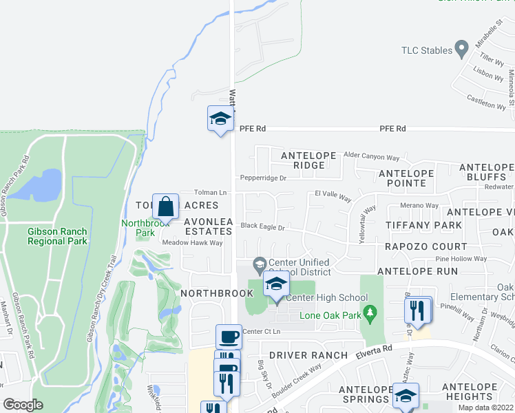 map of restaurants, bars, coffee shops, grocery stores, and more near 3113 Key Largo Court in Antelope