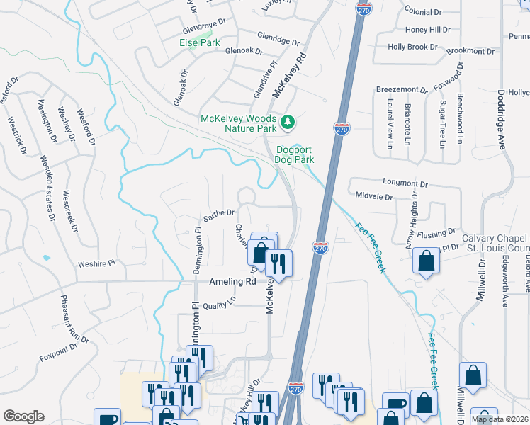 map of restaurants, bars, coffee shops, grocery stores, and more near 11837 Charlemagne Drive in Maryland Heights