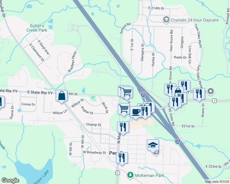 map of restaurants, bars, coffee shops, grocery stores, and more near 11408 Summerskill Road in Peculiar