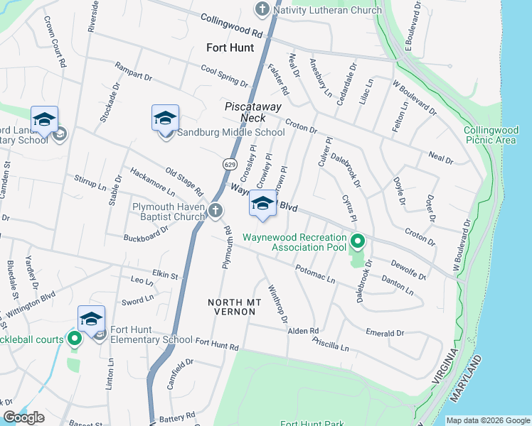 map of restaurants, bars, coffee shops, grocery stores, and more near 1205 Waynewood Boulevard in Alexandria