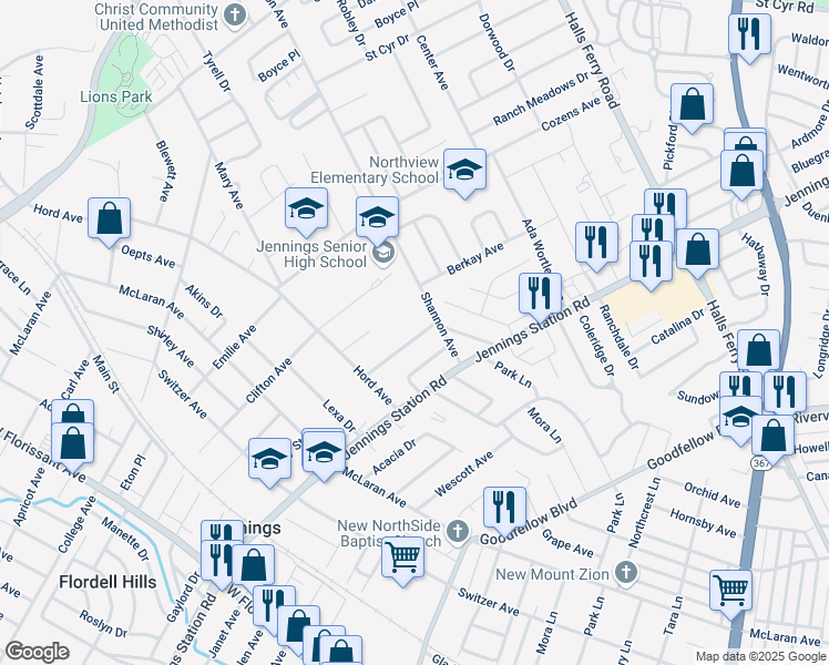 map of restaurants, bars, coffee shops, grocery stores, and more near 8853 May Avenue in Jennings
