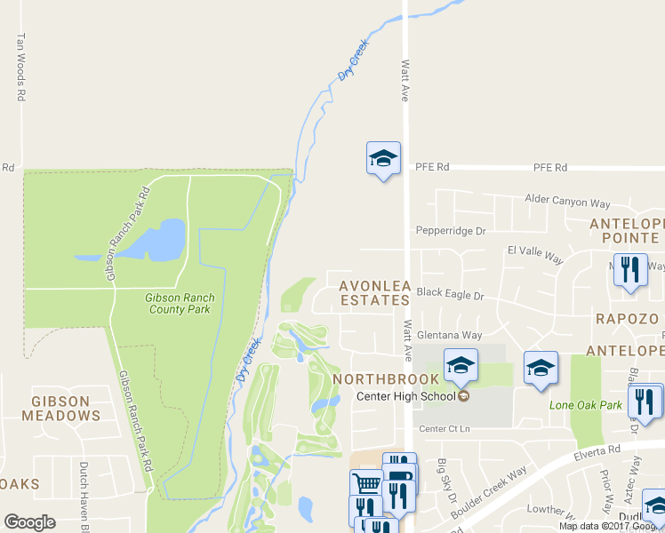 map of restaurants, bars, coffee shops, grocery stores, and more near 8527 Sadie Court in Antelope