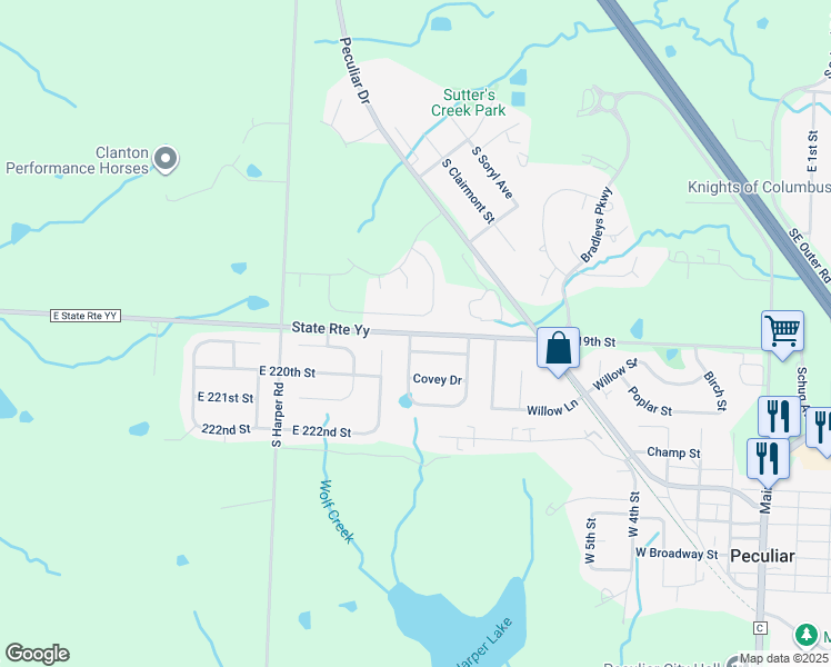 map of restaurants, bars, coffee shops, grocery stores, and more near 10606 Missouri YY in Peculiar