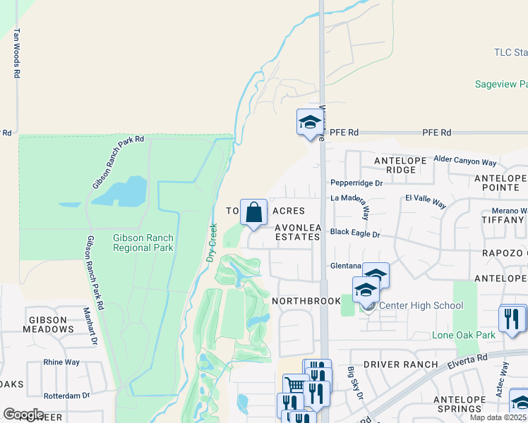 map of restaurants, bars, coffee shops, grocery stores, and more near 8527 Sadie Court in Antelope