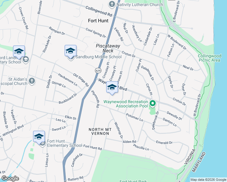 map of restaurants, bars, coffee shops, grocery stores, and more near 1205 Waynewood Boulevard in Alexandria