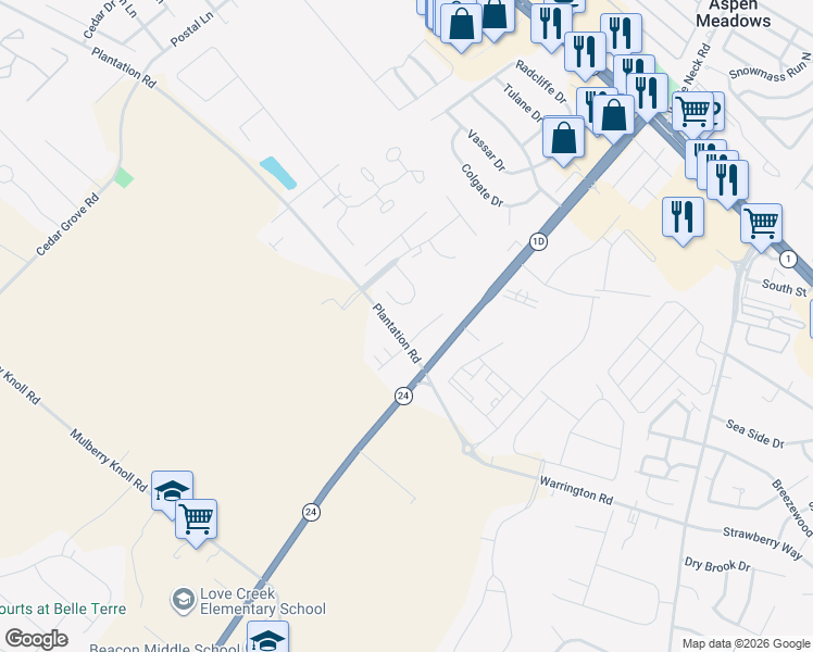 map of restaurants, bars, coffee shops, grocery stores, and more near 18971 Gold Finch Cove in Rehoboth Beach