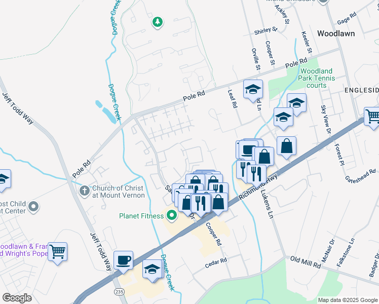 map of restaurants, bars, coffee shops, grocery stores, and more near 8600 Village Square Drive in Alexandria