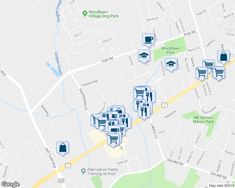map of restaurants, bars, coffee shops, grocery stores, and more near 8542 Woodlawn Court in Alexandria