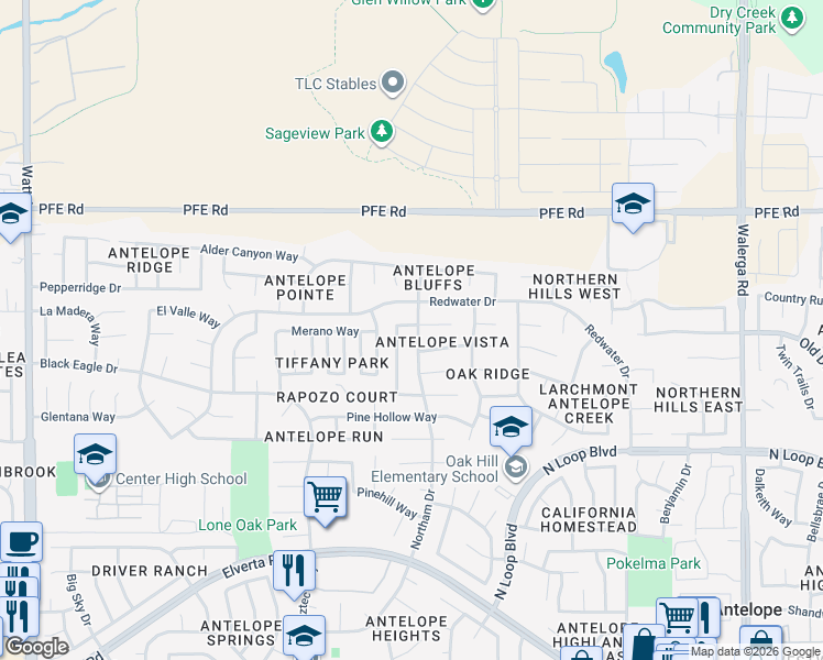 map of restaurants, bars, coffee shops, grocery stores, and more near 3721 Stone Walk Court in Antelope