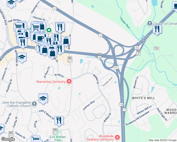 map of restaurants, bars, coffee shops, grocery stores, and more near 576 Highland Towne Lane in Warrenton