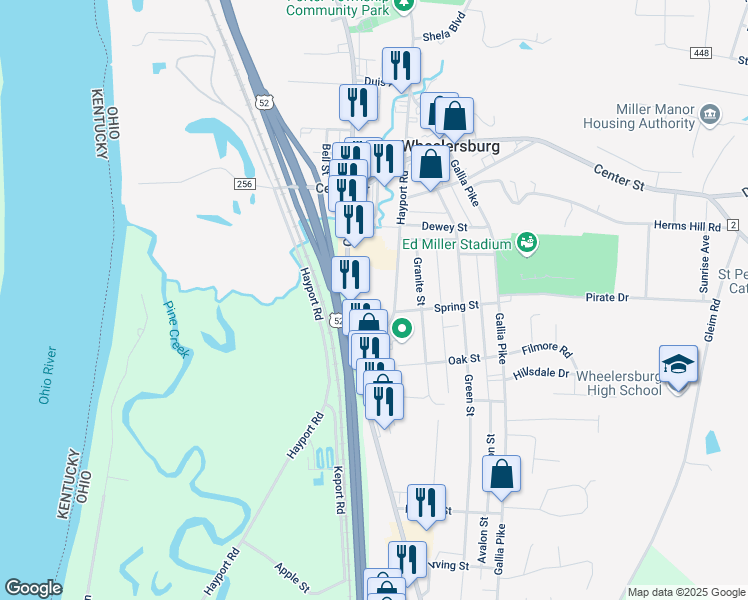map of restaurants, bars, coffee shops, grocery stores, and more near 8381 Hayport Road in Wheelersburg