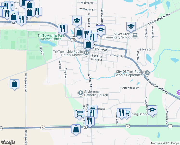 map of restaurants, bars, coffee shops, grocery stores, and more near 302 East Padin Street in Troy