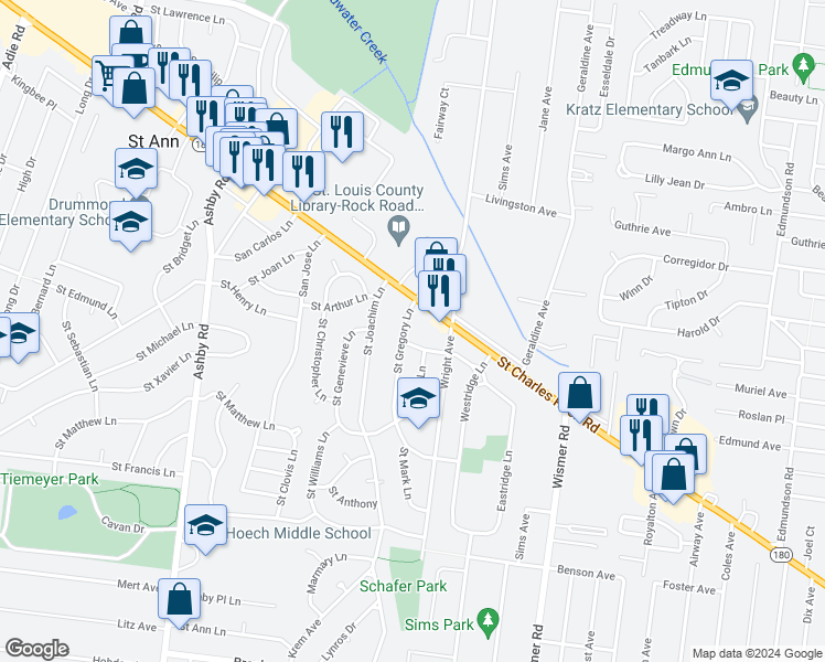 map of restaurants, bars, coffee shops, grocery stores, and more near 3615 Saint Gregory Lane in Saint Ann