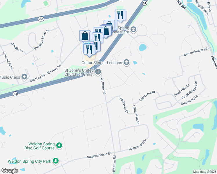 map of restaurants, bars, coffee shops, grocery stores, and more near 72 Wolf Meadow Court in St. Peters