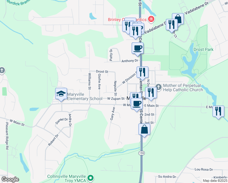 map of restaurants, bars, coffee shops, grocery stores, and more near 205 Nepute Street in Maryville