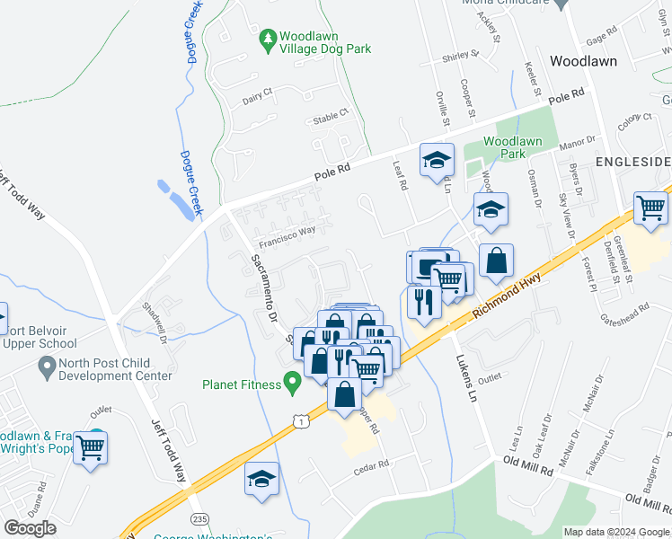 map of restaurants, bars, coffee shops, grocery stores, and more near 8608 Village Square Drive in Alexandria