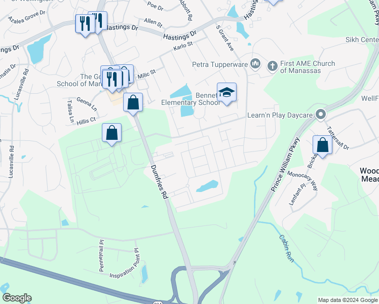 map of restaurants, bars, coffee shops, grocery stores, and more near 10652 Viewmont Lane in Manassas