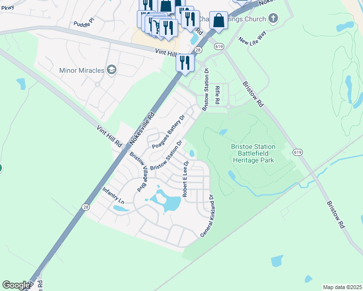 map of restaurants, bars, coffee shops, grocery stores, and more near 10617 Bristow Station Drive in Bristow