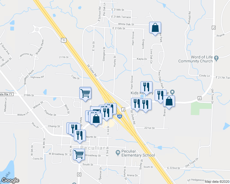 map of restaurants, bars, coffee shops, grocery stores, and more near 716 Hurley Street in Peculiar