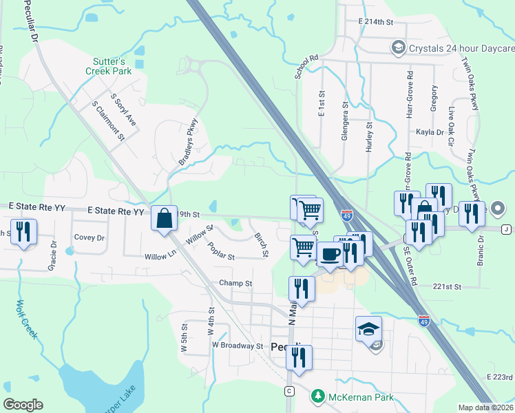 map of restaurants, bars, coffee shops, grocery stores, and more near 11408 Summerskill Road in Peculiar