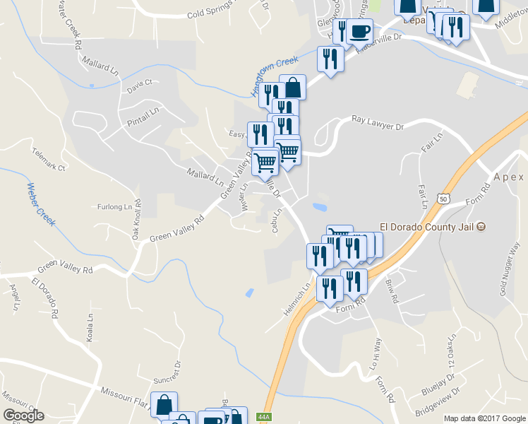 map of restaurants, bars, coffee shops, grocery stores, and more near 1200 Cebu Lane in Placerville