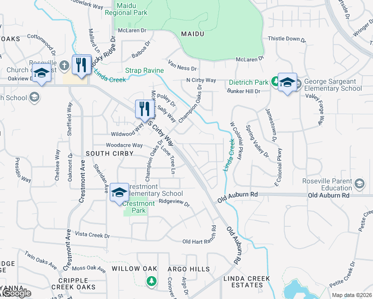 map of restaurants, bars, coffee shops, grocery stores, and more near 157 Rimma Way in Roseville