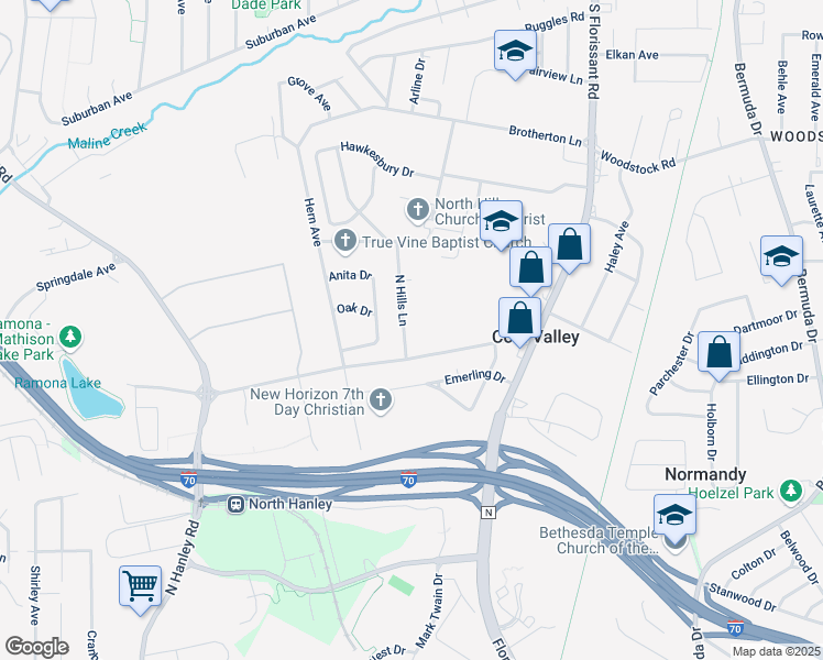 map of restaurants, bars, coffee shops, grocery stores, and more near 4724 North Hills Lane in St. Louis
