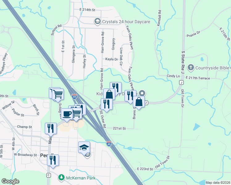 map of restaurants, bars, coffee shops, grocery stores, and more near 503 Iron Gate Court in Peculiar