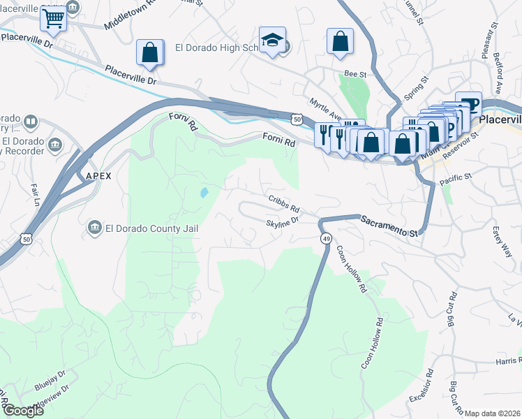 map of restaurants, bars, coffee shops, grocery stores, and more near 580 Skyline Drive in Placerville