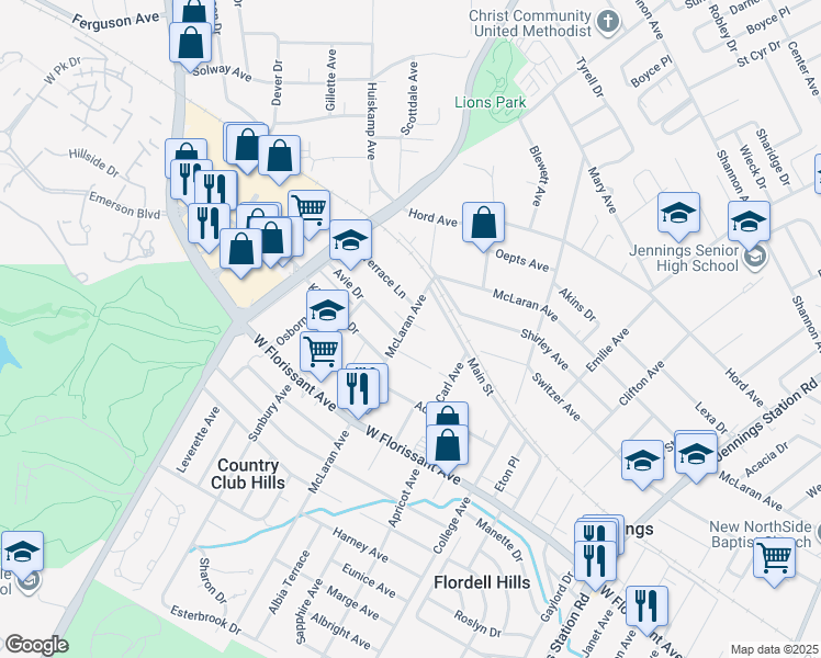 map of restaurants, bars, coffee shops, grocery stores, and more near 2554 Oakcrest Avenue in St. Louis