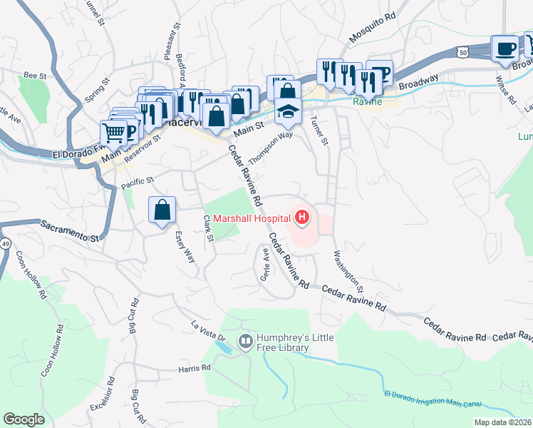 map of restaurants, bars, coffee shops, grocery stores, and more near 3145 Cedar Ravine Road in Placerville