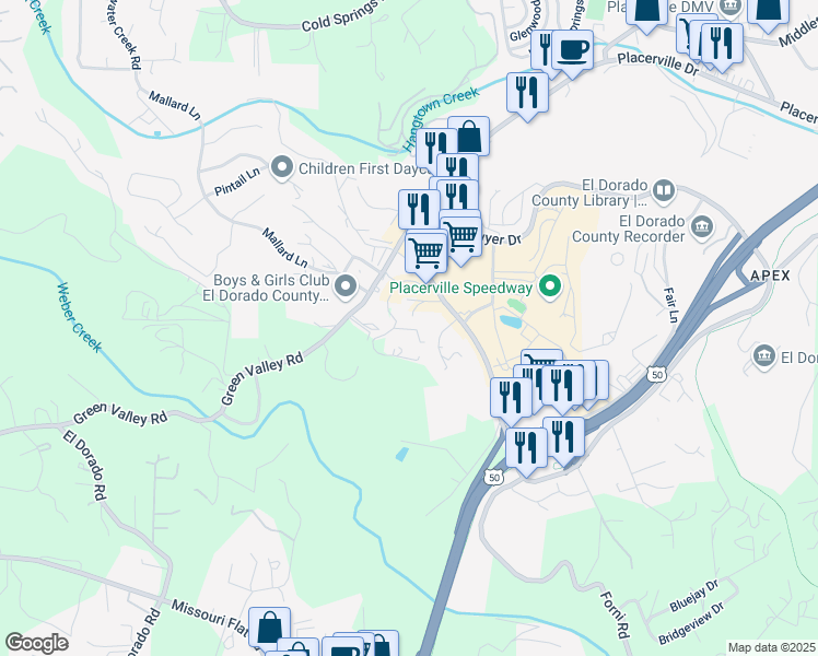 map of restaurants, bars, coffee shops, grocery stores, and more near 1200 Cebu Lane in Placerville