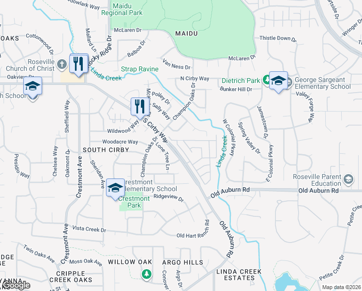 map of restaurants, bars, coffee shops, grocery stores, and more near 157 Rimma Way in Roseville